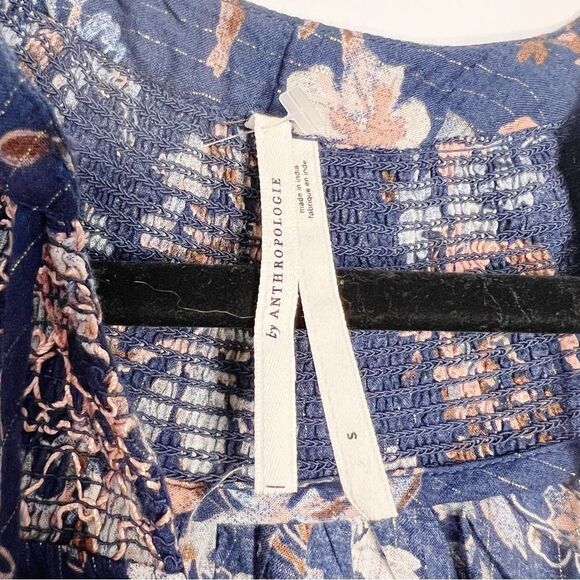 By Anthropologie Long-Sleeve Smocked Lurex Top Size S Blue Floral Print boho - Picture 11 of 13